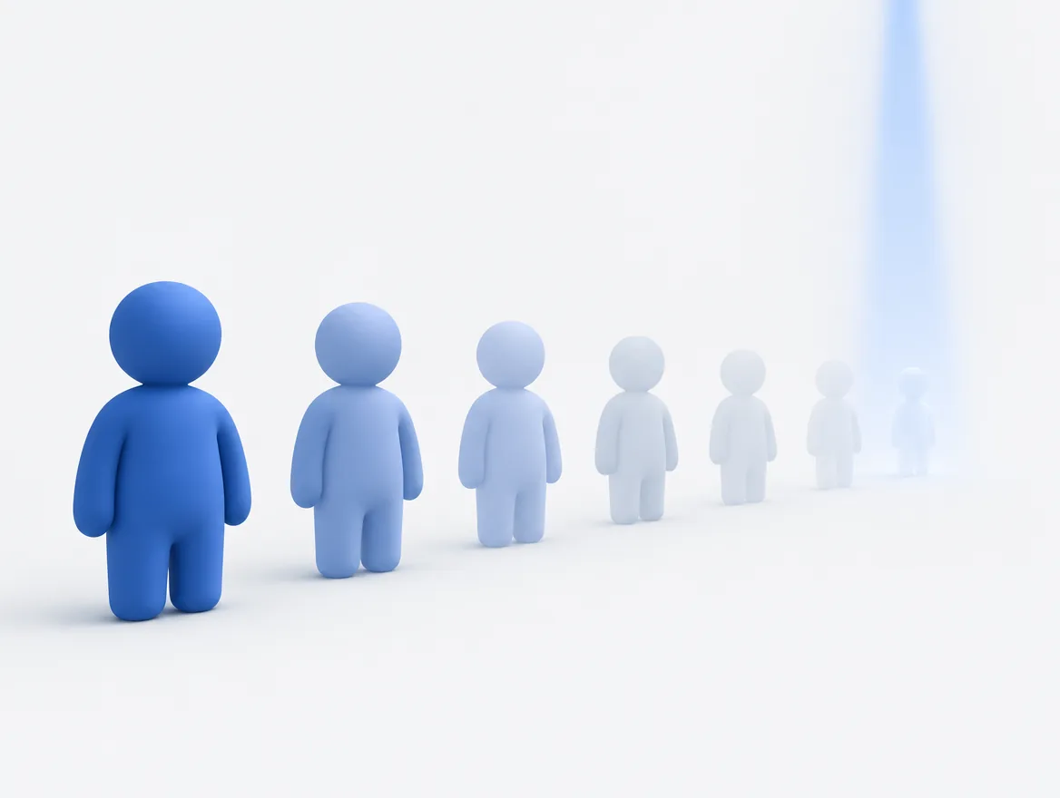 右へ行くほど人の姿が薄くなって消えていき、いちばん薄くなった最後の人にだけ光が当たっている図