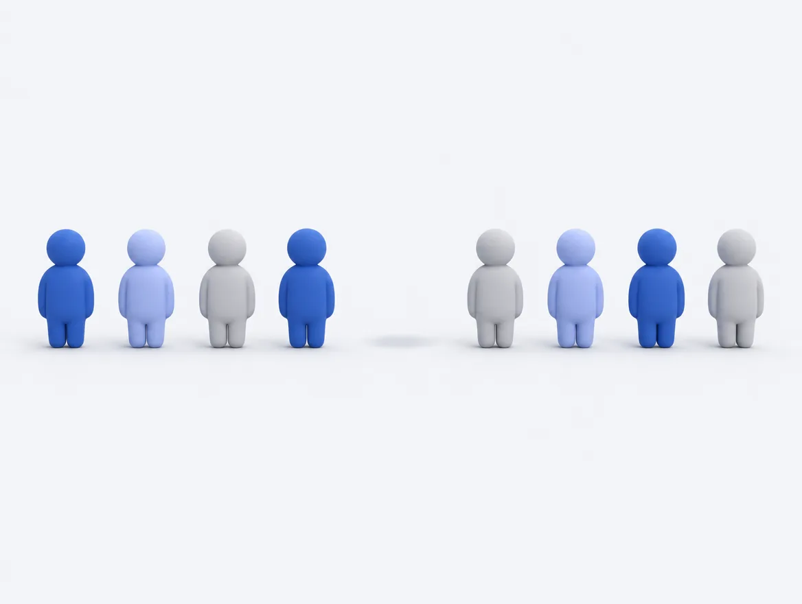 等間隔に並んだ人の列の真ん中が1人分だけ空いていて、影だけが残っている図