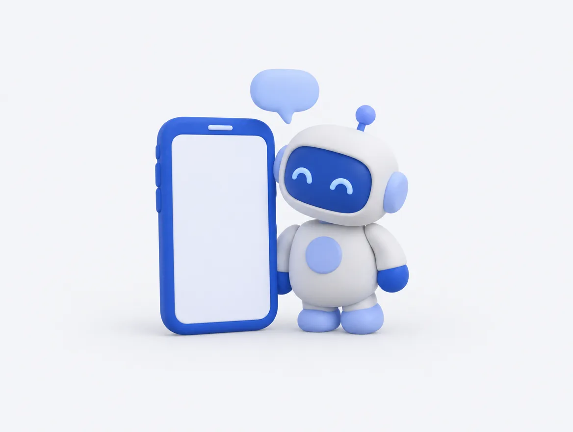スマートフォンの横に小さなロボットが並んで立ち、間に吹き出しが浮かんでいる図