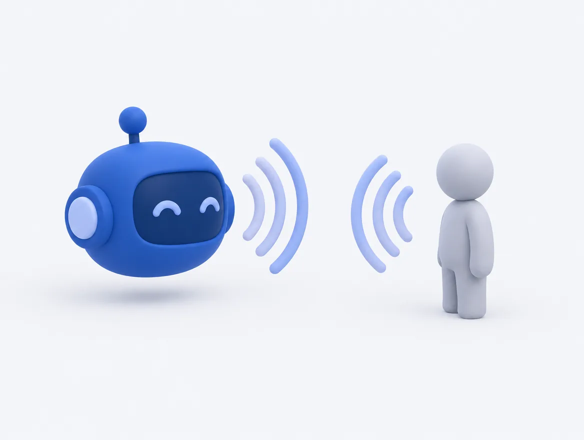 ロボットの頭から音の輪が広がり、向かい合う人からも輪が返っている図